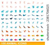 100 animal icons set. Cartoon illustration of 100 animal icons set isolated on white background