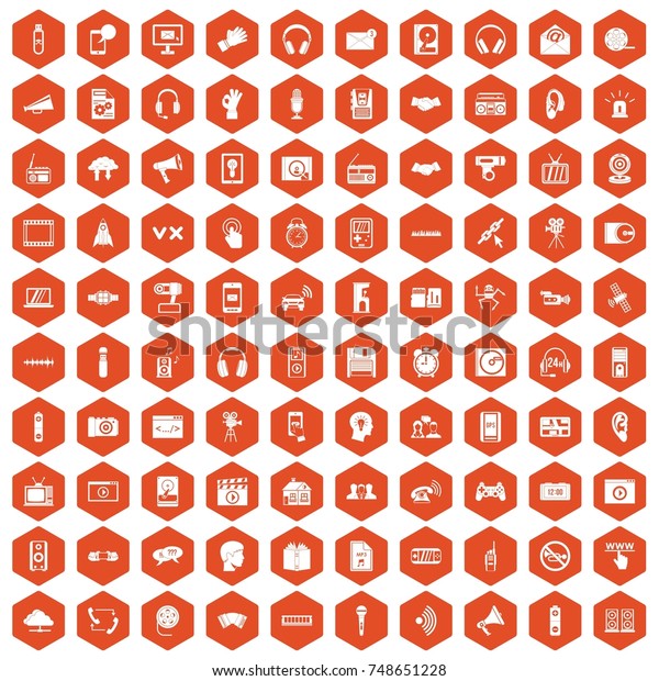 100 audio icons set in orange hexagon\
isolated \
illustration