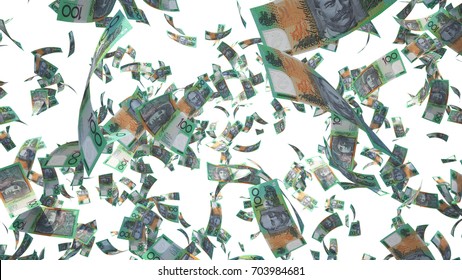 100 Australian Dollar (AUD), Australia Money Banknotes Flying Isolated On White Background, 3D Rendering