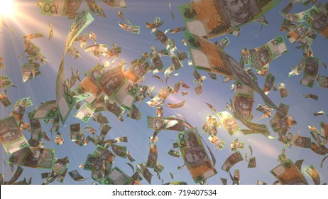 100 Australian dollar (AUD), Australia Money banknotes flying on blue sky background, 3D Rendering with Lens Flares