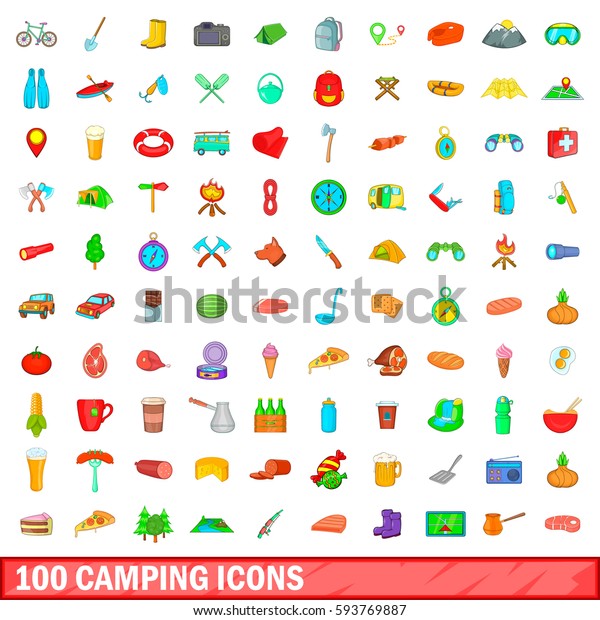 100 camping icons set in cartoon style for\
any design \
illustration