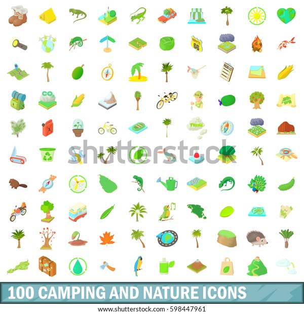 100 camping and nature icons set in cartoon\
style for any design \
illustration