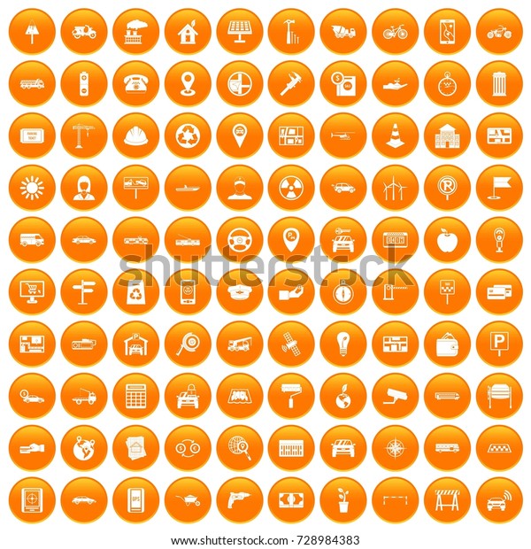 100 car icons set in orange circle isolated
on white 
illustration