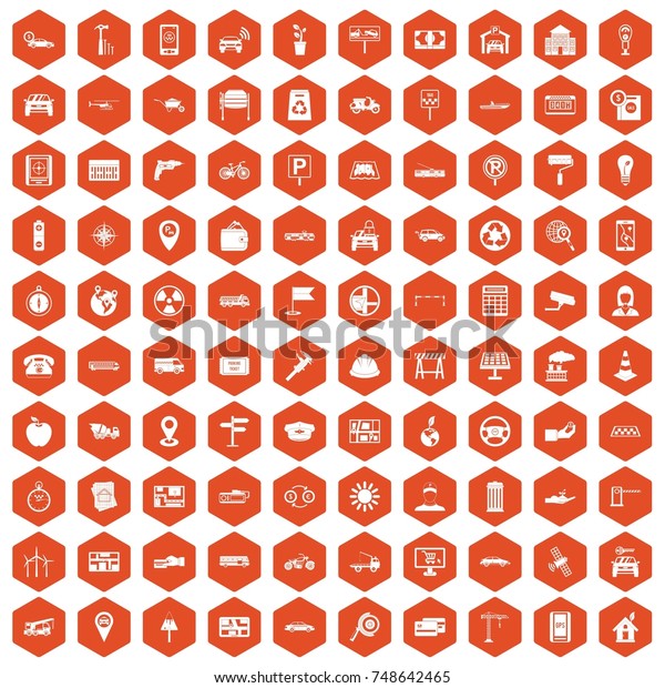 100 car icons set in orange hexagon isolated\
 illustration