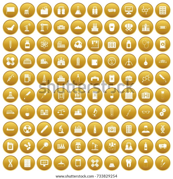 100 chemical industry icons set in gold\
circle isolated on white vectr\
illustration