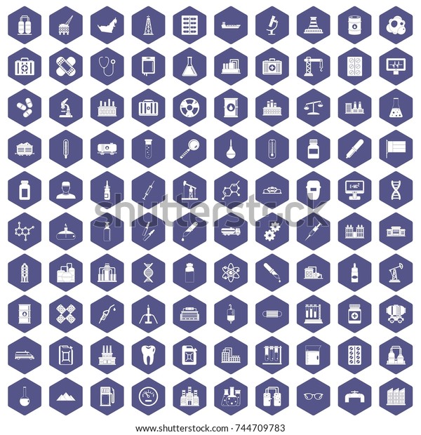 100 chemical industry icons set in purple\
hexagon isolated \
illustration