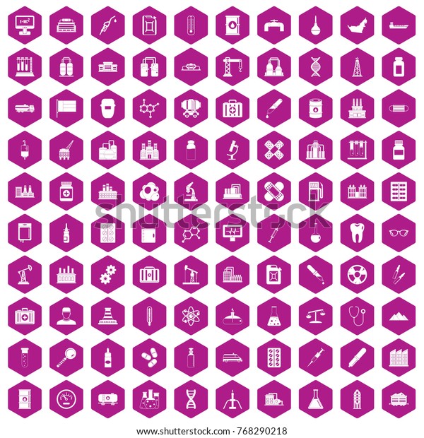 100 chemical industry icons set in violet
hexagon isolated 
illustration