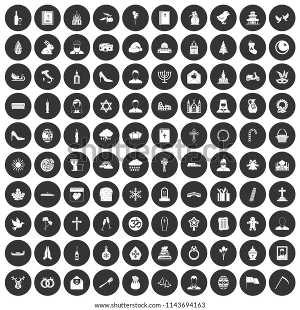 100 church\
icons set in simple style white on black circle color isolated on\
white background\
illustration