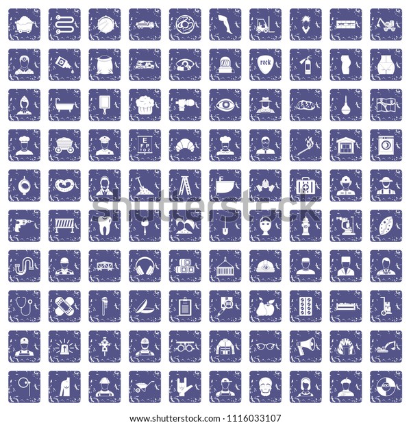 100 different\
professions icons set in grunge style sapphire color isolated on\
white background\
illustration