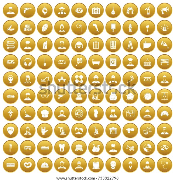 100 different professions icons set in\
gold circle isolated on white vectr\
illustration