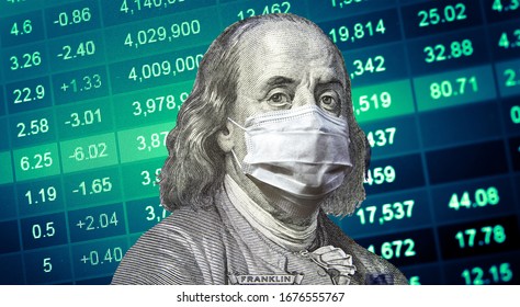 100 Dollar Bill Franklin With Protective Face Mask On Green Stock Market Chart Background. 