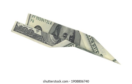 100 Dollar Bill Paper Airplane 3D Illustration On White Background