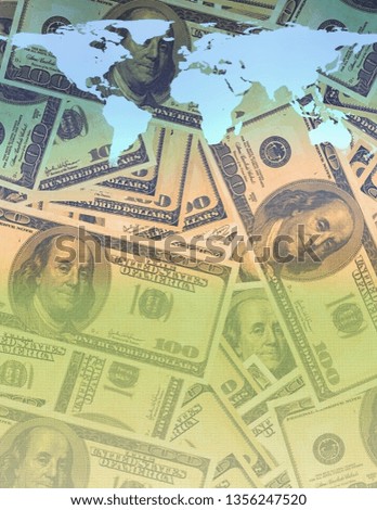 100 dollars banknotes, world map on money background. 3D rendering