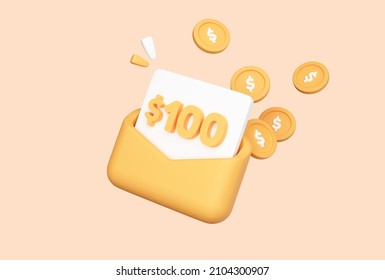 100 dollars in an envelope with coins on background. Letter with money. Cash bonus. Won lottery prize. Money coupon. Receiving a salary. Isolated icon. 3D Rendering