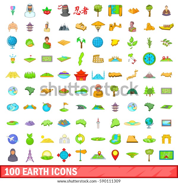 100 earth icons set in cartoon style for any\
design  illustration