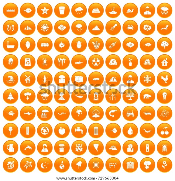 100 earth icons set in orange circle\
isolated on white \
illustration