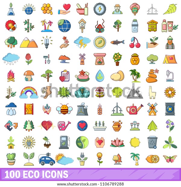 100 eco icons set. Cartoon illustration\
of 100 eco icons isolated on white\
background
