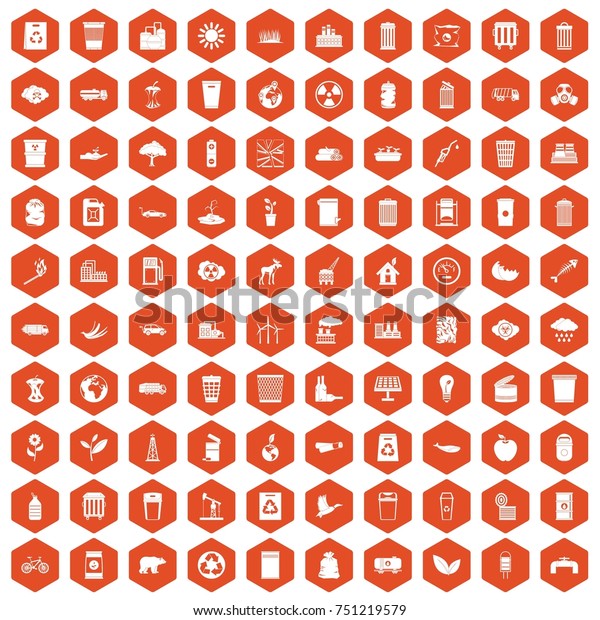 100 ecology icons set in orange hexagon\
isolated \
illustration