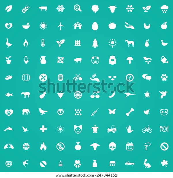 100 ecology\
icons, white on green\
background\
