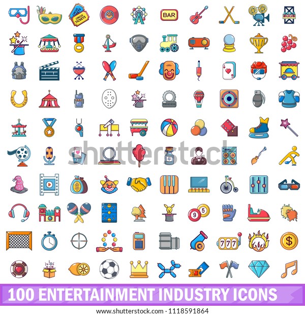 100 entertaiment industry icons set. Cartoon\
illustration of 100 entertaiment industry icons isolated on white\
background