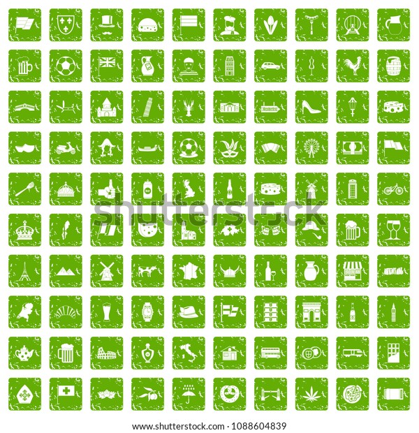 100 europe countries icons
set in grunge style green color isolated on white background
illustration