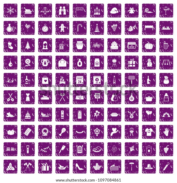 100 family tradition icons\
set in grunge style purple color isolated on white background\
illustration