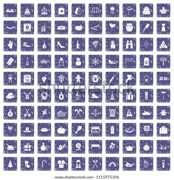 100 family tradition\
icons set in grunge style sapphire color isolated on white\
background\
illustration