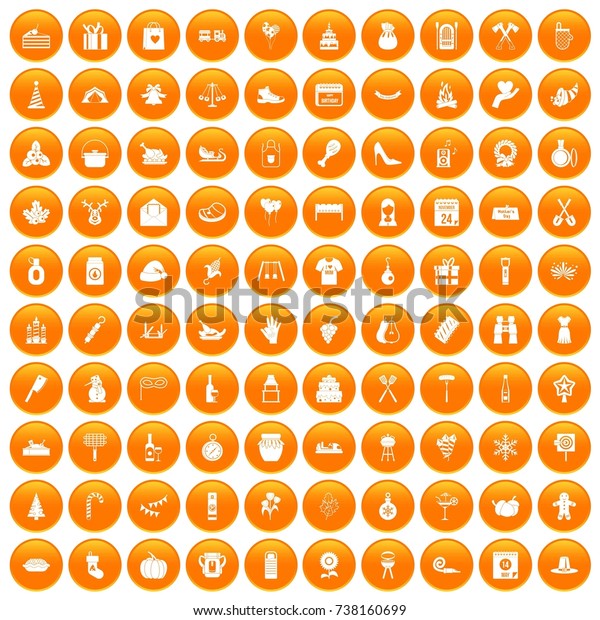 100 family tradition icons set in orange\
circle isolated \
illustration