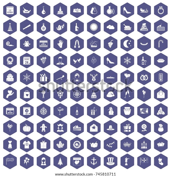 100 festive day icons set in purple hexagon\
isolated \
illustration