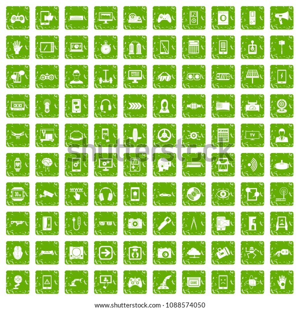 100 gadget icons set in grunge\
style green color isolated on white background\
illustration