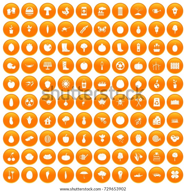 100 garden icons set in orange circle\
isolated on white \
illustration