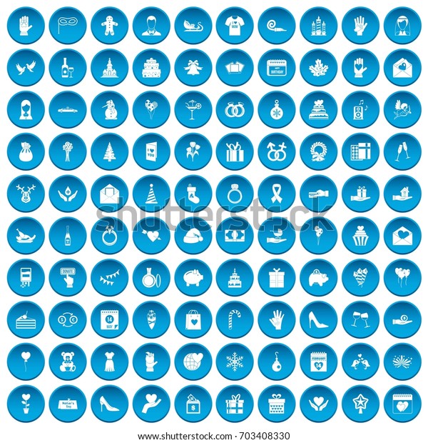 100 gift icons set in blue circle isolated\
on white \
illustration
