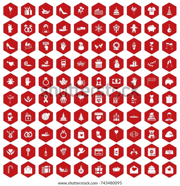 100\
gift icons set in red hexagon isolated \
illustration
