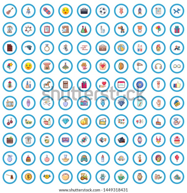100 gift shop icons set.\
Cartoon illustration of 100 gift shop icons isolated on white\
background