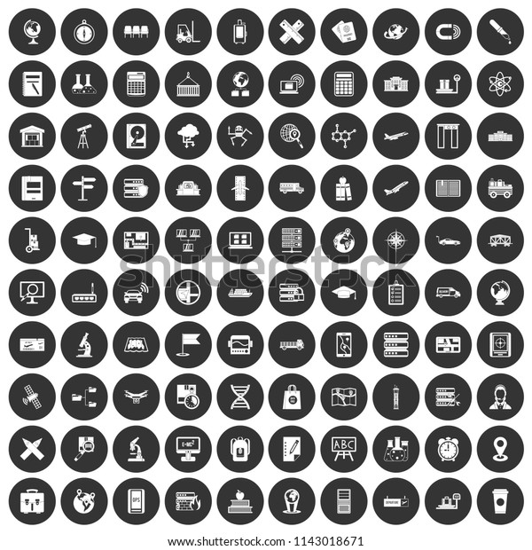 100 globe icons\
set in simple style white on black circle color isolated on white\
background\
illustration