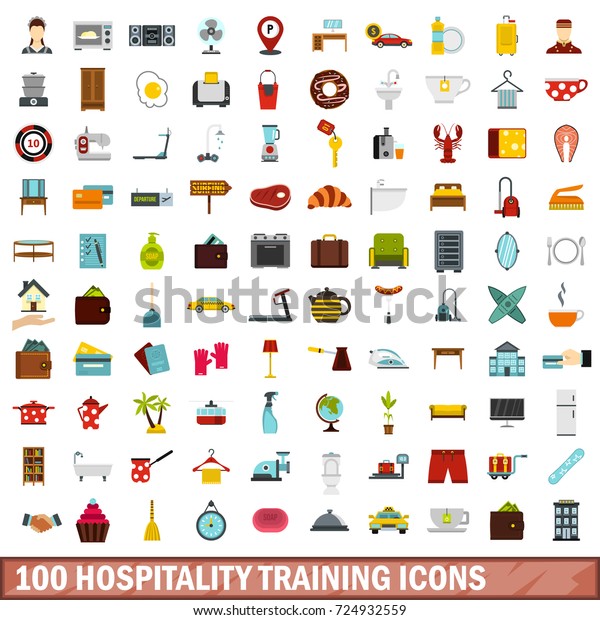 100 hospitality training icons set in flat\
style for any design \
illustration