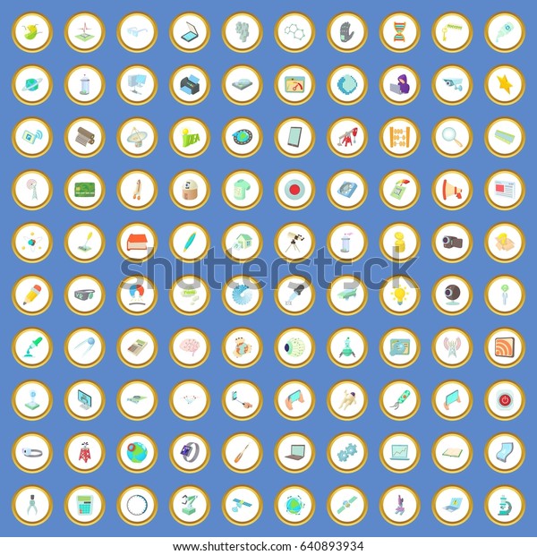 100 innovation icons circle set on blue
background cartoon style 
illustration