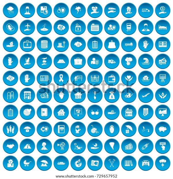 100 insurance icons set in blue circle\
isolated on white vectr\
illustration