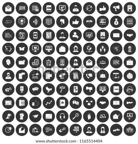 100 interaction icons set in simple style white on black circle color isolated on white background illustration