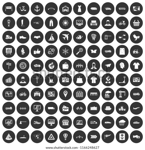 100 logistic and delivery icons set in\
simple style white on black circle color isolated on white\
background\
illustration