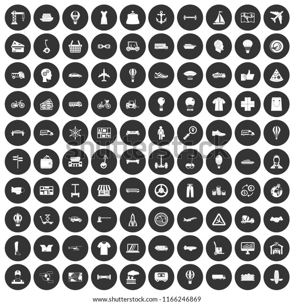 100 logistics\
icons set in simple style white on black circle color isolated on\
white background\
illustration