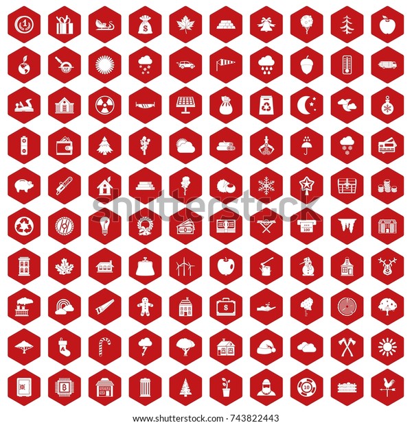 100 lumberjack icons set in red hexagon\
isolated \
illustration