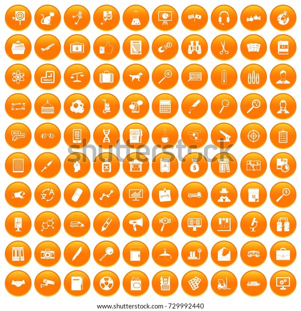 100 magnifier icons set in orange circle\
isolated on white \
illustration
