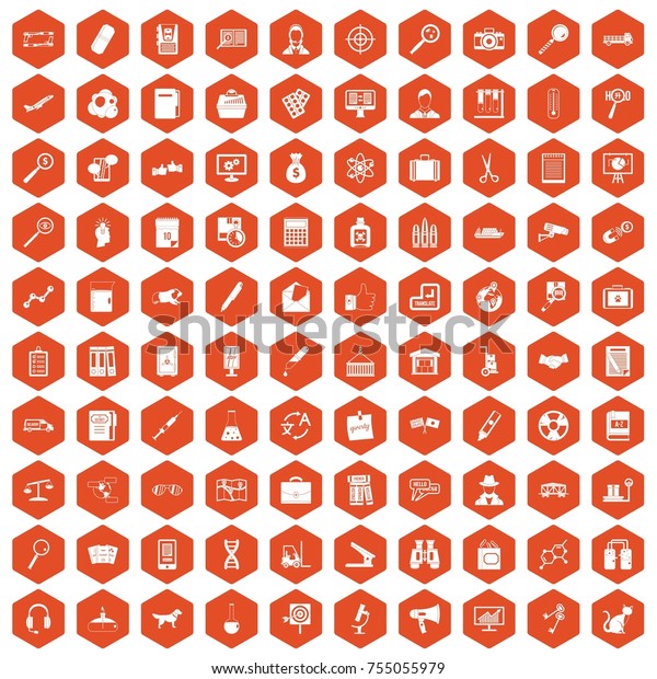 100 magnifier icons set in orange hexagon\
isolated \
illustration
