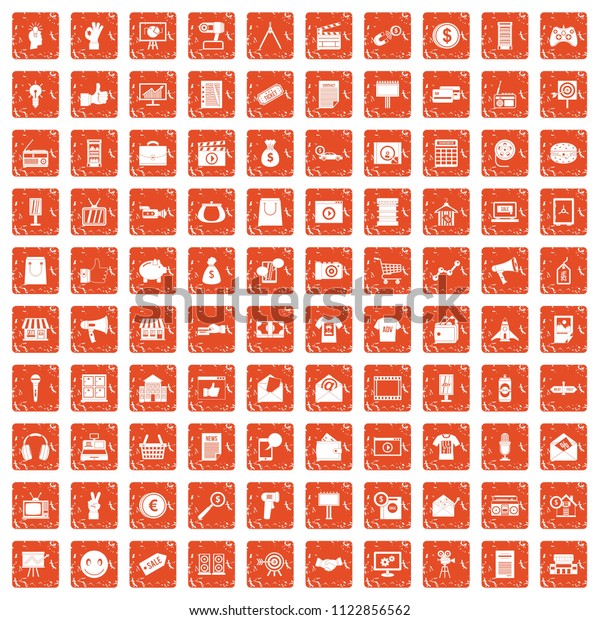100 marketing icons set in grunge\
style orange color isolated on white background\
illustration