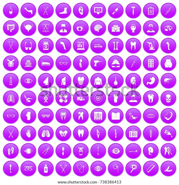100 medicine icons set in purple circle\
isolated on white \
illustration