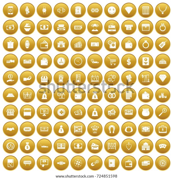 100 money icons set in gold circle isolated\
on white \
illustration