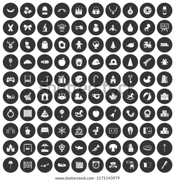 100\
nursery school icons set in simple style white on black circle\
color isolated on white background\
illustration