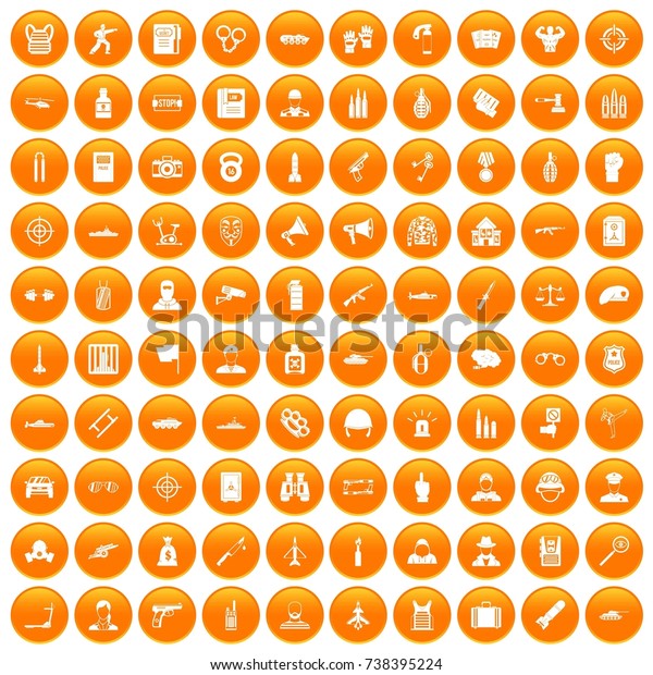 100 officer icons set in orange circle
isolated 
illustration