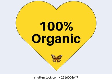 100% Organic, Heart Shape  Yellow Background Color Black Font,